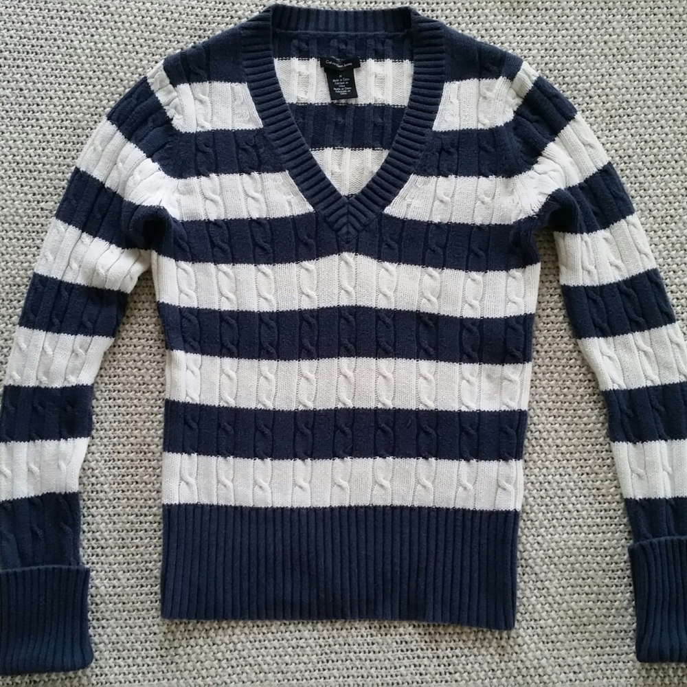 Calvin Klein Cable Knit V-Neck Striped Sweater